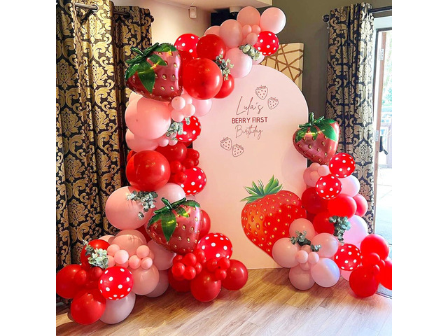 127pcs Strawberry Balloon Garland Arch Kit-Red and Pastel Orange Balloons with 18inch Size Strawberry Foil Balloons for Sweet One Girl Baby Shower...