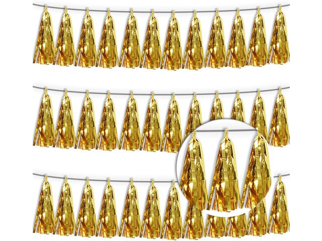 3P Gold Tassel Banner Garland Metallic Foil Fringe Banner Tinsel Tassels Streamer Banner Backdrop for Parade Floats, 2025 Graduation Decorations,...