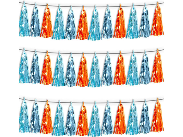 3P Lake Blue Light Blue-Orange Tassel Banner Garland Metallic Foil Fringe Banner Tinsel Tassels Streamer Banner Backdrop for Parade...