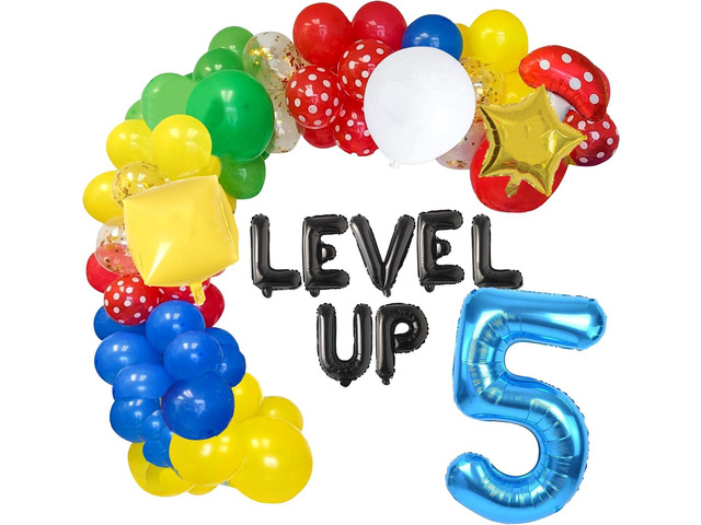 HOMEZZO Video Game 5th Birthday Party Supplies, Level Up Letter Balloons, Boo Balloon, Balloons Arch for Kids 5th Birthday Decorations