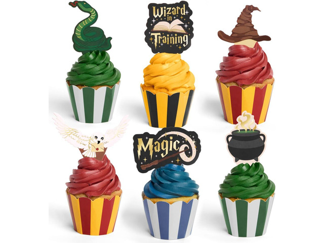 xo, Fetti Wizard in Training Cupcake Toppers + Wrappers - Set of 24 Kids Cake Decoration, Magic Party Decor, Sorcerer Supplies, Dessert Accessory