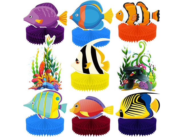 Hotop 9 Pcs Tropical Fish Party Decorations, Honeycomb Centerpieces for Tables, Under The Sea Party Decorations, Ocean Theme Birthday Decor Baby...