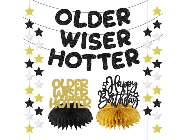 Older Wiser Hotter Pre Strung Banner Decorations Kit for Men Women-Black Gold Glitter Star Garland Happy Birthday Honeycomb Centerpieces for 30th...