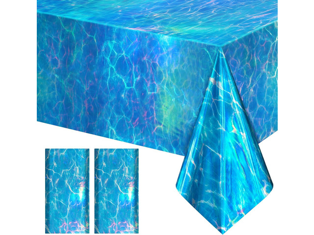 Just Shimmer 2 Pack Ocean Waves Holography Tablecloth, 54 x 108 Blue Sea Design, Waterproof Disposable Plastic Table Cover for Beach, Pool, Under...