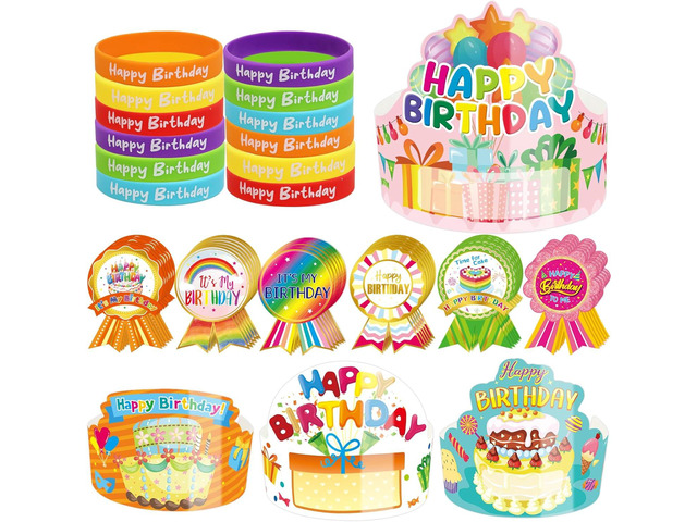 ceiba tree 108Pcs Happy Birthday Kits for Kids Classroom Birthday Crowns Rubber Bracelets Badge Stickers School Teachers Students Kindergarten...