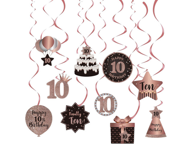 Happy 10th Birthday Hanging Swirls Streams Ceiling Decorations, Celebration 10 Foil Hanging Swirls with Cutouts for 10 Years Old Rose Gold Birthday...