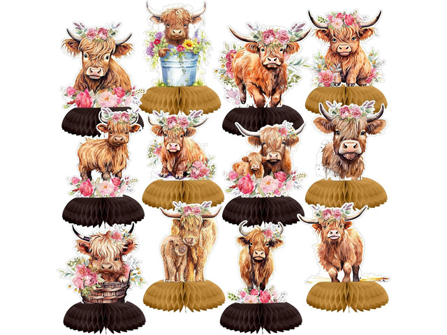 Shappy 12 Pcs Highland Cow Party Honeycomb Centerpieces Decorations Floral Highland Cow Baby Shower Birthday Decorations Party Table Topper for...