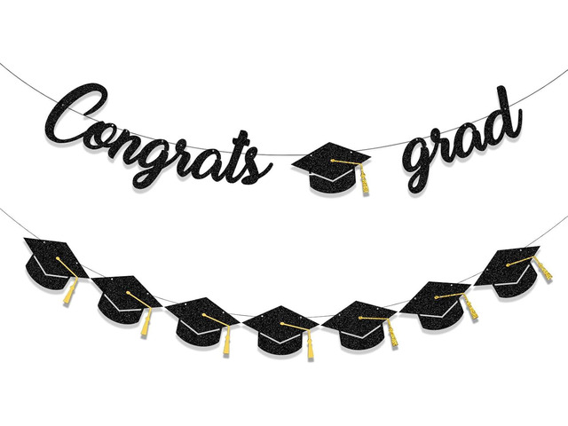 Tinbax Graduation Decorations Class of 2026 Party Supplies - Congrats Grad Banner and Graduation Cap Banner (Pre-Strung)
