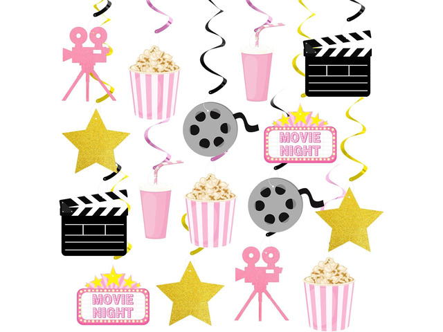 K KUMEED Movie Night Party Decorations,Pink Movie Theme Hanging Swirl Decorations,Cute Popcorn Foil Swirls Ceiling for Baby Shower Birthday Party...