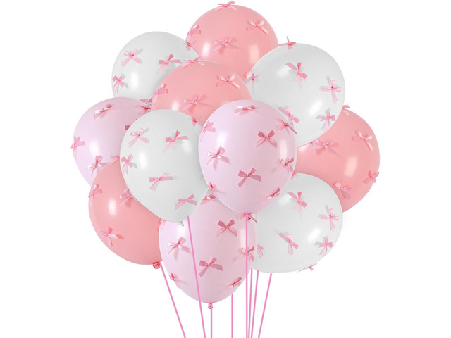 Gejoy Pink Bow Party 24 Pack 12' Balloons with 200 Pcs Bow Pink White Balloons Decor for Coquette Birthday Bachelorette Baby Shower Wedding Party...