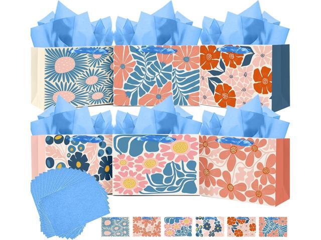 qiqee Medium Paper Gift Bags with Tissue Paper Handles 6PCS Winter Flowers Cardboard Floral Gift Bags for Women Mom Grandma Party Supply (6PCS.