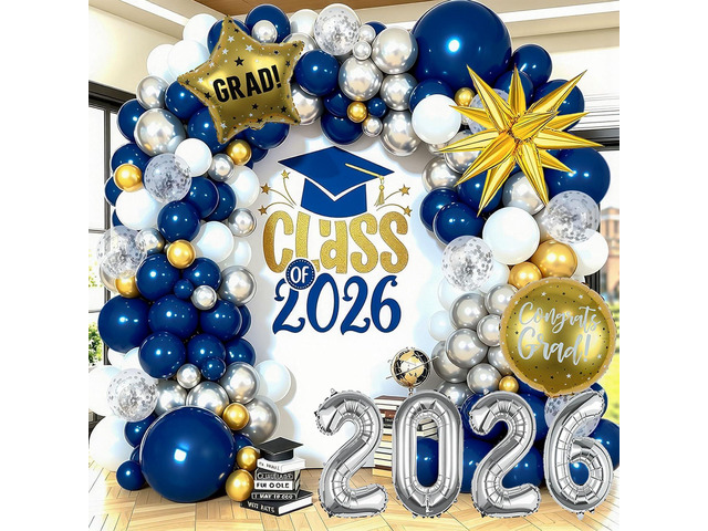 2026 Graduation Balloon Arch Garland Kit, Navy Blue Gold Silver Balloon Arch, Class of 2026 Party Decorations with 32' 2026 Banner for College High...