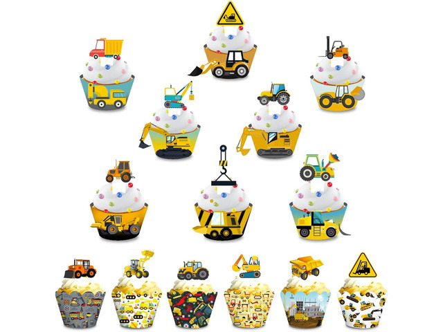 Construction Cupcake Toppers and Wrappers for Kids Set of 28pcs Digger Truck Forklift Dump Truck Tractor Excavator Car Engineering Themed for Boys...
