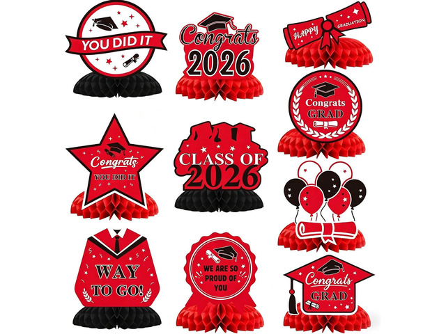 Graduation Decorations 2026, 10PCS Graduation Centerpieces for Table Red Black Graduation Party Decorations Class of 2026 Congrats Grad Honeycomb...