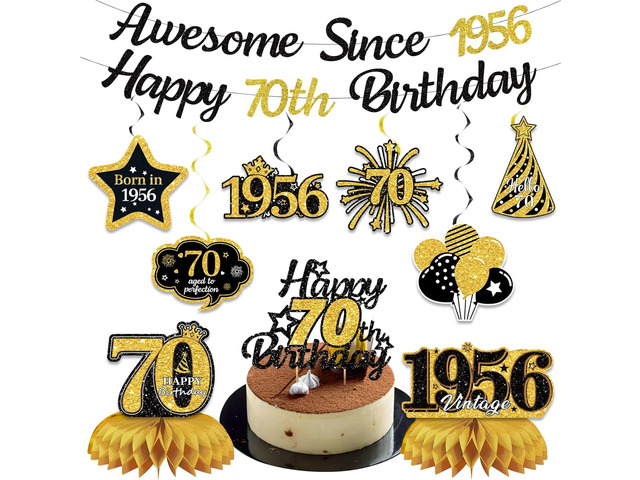 70th Birthday Decorations for Men Women, Black Gold Awesome Since 1955 Happy 70th Birthday Banner Swirls Cake Topper Party Supplies, Seventy Years...
