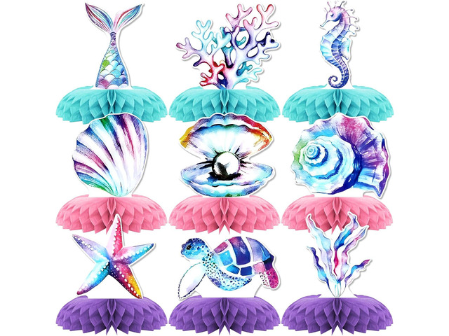 Mermaid Theme Party Decorations,9 PCS KSKSPE Mermaid Centerpieces for Tables Honeycomb Centerpieces 3D Mermaid Theme Party Decor Supplies Sea...