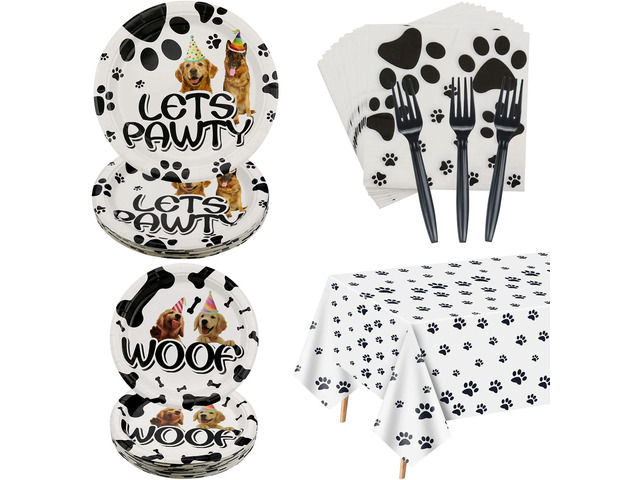 81Pcs Dog Party Supplies - Doggy Themed Tableware Party Pack for Puppy, Including Plates, Napkins, Tablecloth, Forks, Serves 20 Guests