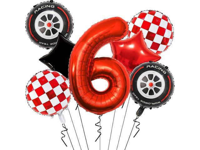 Race Car Balloons Birthday Party Decorations - 40 Inch Mylar Red Number 6 Balloons - Red Foil Checkered Race Car Balloons for Sixth Birthday Race...