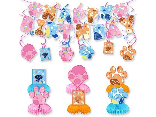Blue and Pink Dog Birthday Party Supplies, Cute Dog Party Decorations -Banner -6 swirl-6 Honeycomb Centerpieces