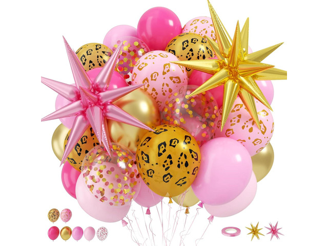 Hot Pink Cheetah Print Balloon, 12 Inch Pink Gold Balloons with Leopard Print Balloons Confetti Star Balloon Leopard Jungle Animal Decorations for...