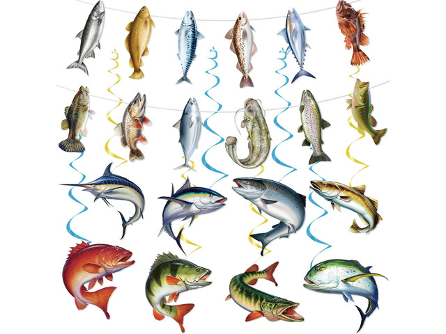 Gone Fishing Party Decorations Include Hanging Banner and Hanging Swirl Fishing Party Supplies Fishing Theme Birthday Party Decor