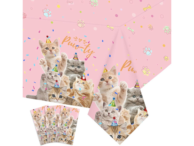 3 Pack Cat Tablecloth - 54 x 108 Inch Plastic Tablecloth Kitten Birthday Party Table Cover for Kids Birthday Baby Shower Party Decorations Supplies...