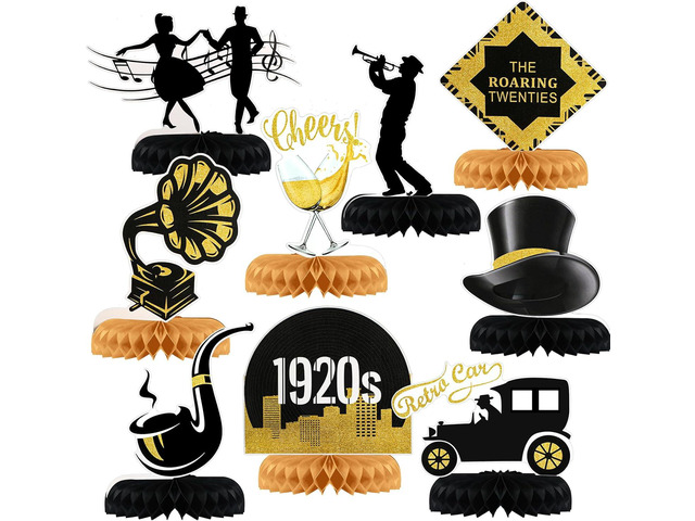 9 Pcs Roaring 20s Party Decorations Jazz Roaring 1920's Party Honeycomb Centerpiece Black and Gold Roaring 20s Honeycomb Centerpiece Vintage Music...