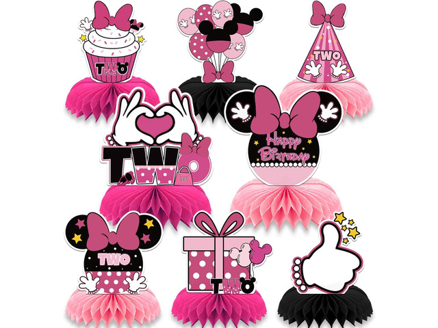 Mouse Table Honeycomb Centerpieces,Pink Cartoon Mouse Themed Table Topper Decor Two Year Old Birthday Party Supplies(8 Pcs)