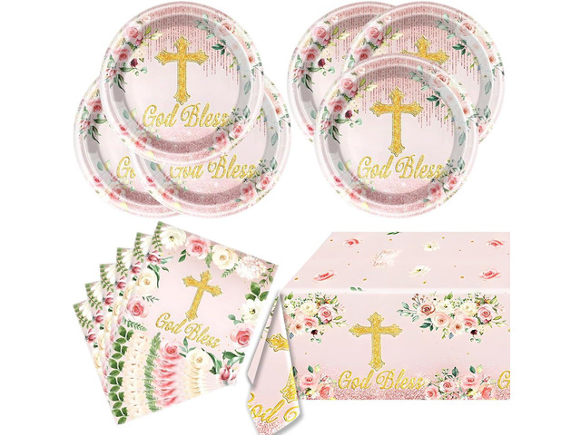 Pink God Bless Tableware Set,First Communion 20 Plates and 20 Napkins and Tablecloth51'' x 86'',For Newborn Baptism Church Party Decoration