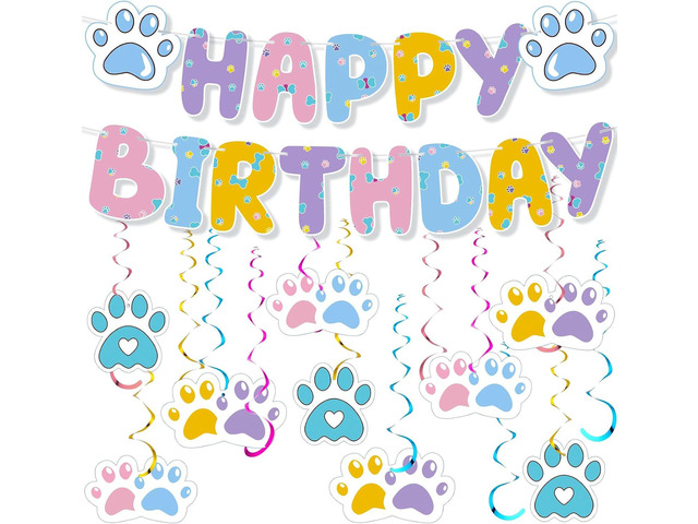 Blue Dog Happy Birthday Banner with Daisy Paws Hanging Swirls Blue Dog Happy Birthday Party Supplies Daisy Puppy Themed Party Decorations for Kid...