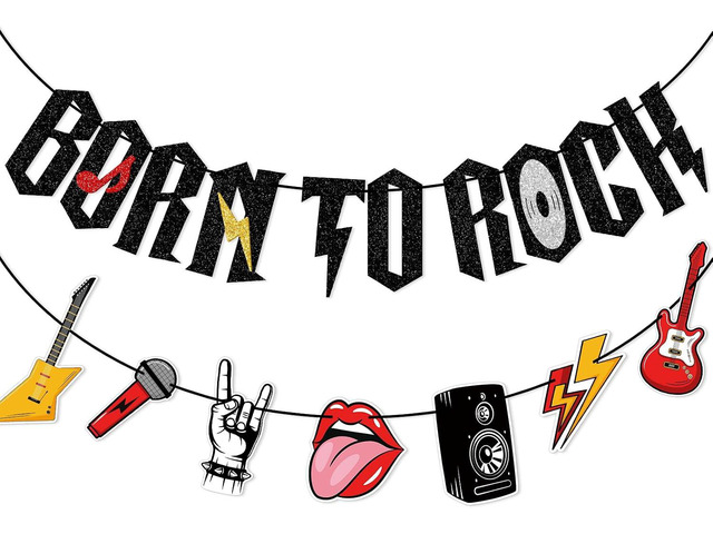 FOZEE Born to Rock Banner for Rock Birthday Party, Pre-strung Rock and Roll Party Decorations for Music Themed Party, Black Glitter
