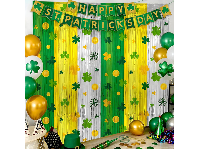 Yquqwn 2 PCS St. Patrick's Day Metallic Foil Fringe Curtains 3.3 X 6.6 ft St Patricks Day Photo Booth Props Backdrop Green Gold Silver Saint...