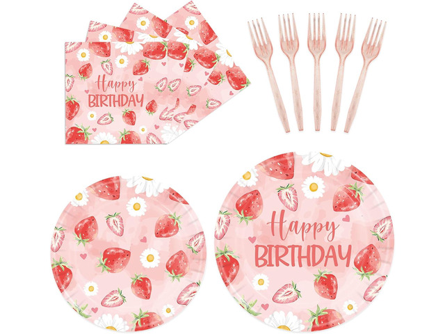 Strawberry Birthday Decorations-96Pcs Strawberry Plates & Napkins Disposable Summer Fruit Party Dinner Plates Sweet Berry Nakpins Pink Forks...