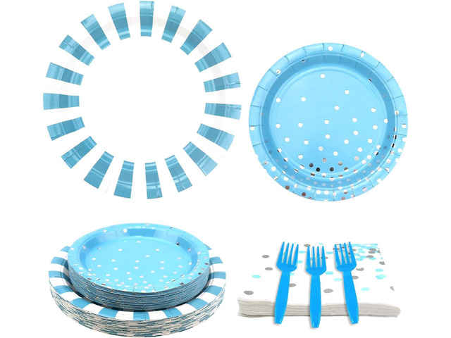KEFAN Light Blue Stripe Birthday Party Supplies, Blue Stripe Party Decorative Plate Set Includes 9 Inch Plate, 7 Inch Plate, Paper Towel, Fork for...