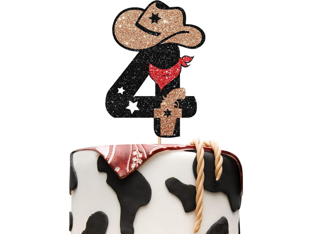 Cowboy 4th Birthday Cake Topper - Little Four Years Old Rodeo Western Party Decoration - My 4th Theme Supplies - Black & Brown Glitter