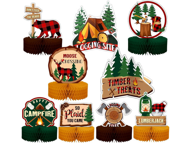 9 Pcs Lumberjack Honeycomb Centerpieces Lumberjack Birthday Party Table Decorations Buffalo Plaid Honeycomb Centerpieces 3D Double Sides for Baby...