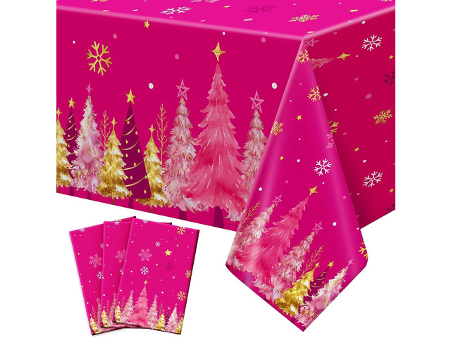 Tingjoo 3 Pack Plastic Christmas Tablecloth 54 x 108 Inch Waterproof Christmas Tree Disposable Plastic Table Cover Rectangle Party Tablecloths for...