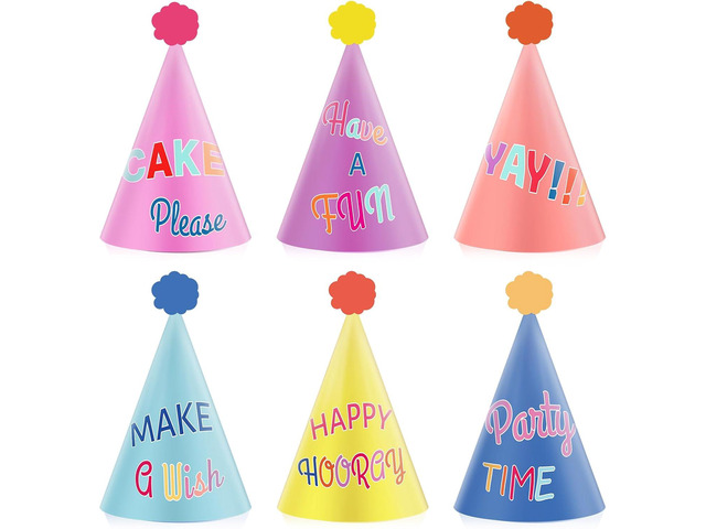 24PCS Colorful Party Hats for Happy Birthday Supplies Rainbow Cone Hats with Pom Poms DIY Paper Hat Party Decorations for Kids and Adults Birthday...