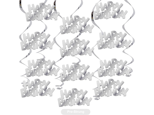 BEISHIDA 12 Pcs Pre-Strung Happy Birthday Hanging Swirl Decorations, Silver Birthday Party Hanging Decor Supplies for Kids Adults