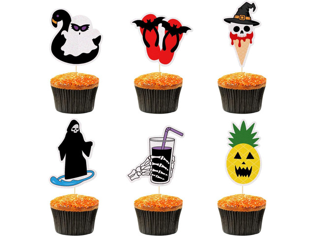 FOZEE Summer Halloween Cupcake Toppers, Tropical Halloween Cake Picks, Spooky Summer Beach Party Supplies, Ghost and Pumpkin Toppers for Summer, 24Pcs