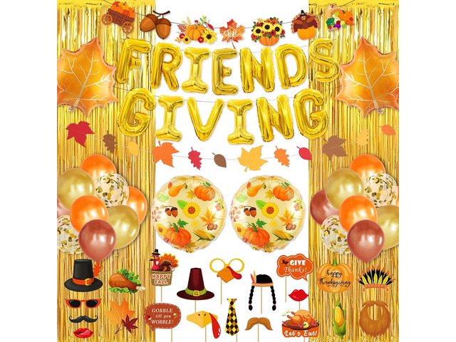 60Pcs Friendsgiving Party Decorations, Friendsgiving Balloons Garland Kit Includes Photo Props Gold Fringe Curtain Maple Leaves Banner for Fall...