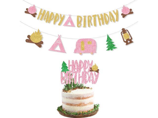 Camping Birthday Party Decorations Girl - Glitter Pink Happy Birthday Banner, Camping Theme Banner Garland, Pink Glitter Happy Birthday Cake Topper.