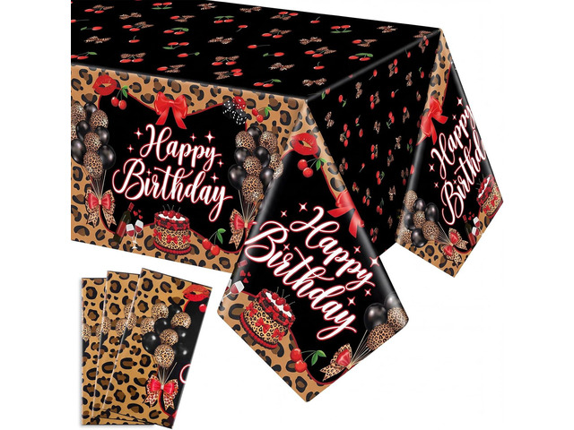 Hahafelt 3 Pcs Cheetah Cherry Disposable Tablecloth Happy Birthday Leopard Table Cover 54 x 108 Inch Plastic Table Cloth Birthday Party Decorations...