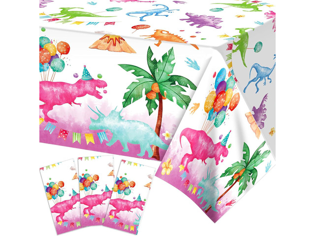 PHOGARY Pink Dinosaur Tablecloth - 3 Pack Plastic Table Cover, Girl's Party Supplies - Dino Theme Rex Decoration - 51' x 87'