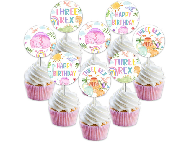 24Pcs Dinosaur 3rd Birthday Cupcake Toppers, Three Rex Dinosaur Theme Birthday Cake Decorations for 3 Year Old Girl, Pastel Roar Dino Cupcake Picks...
