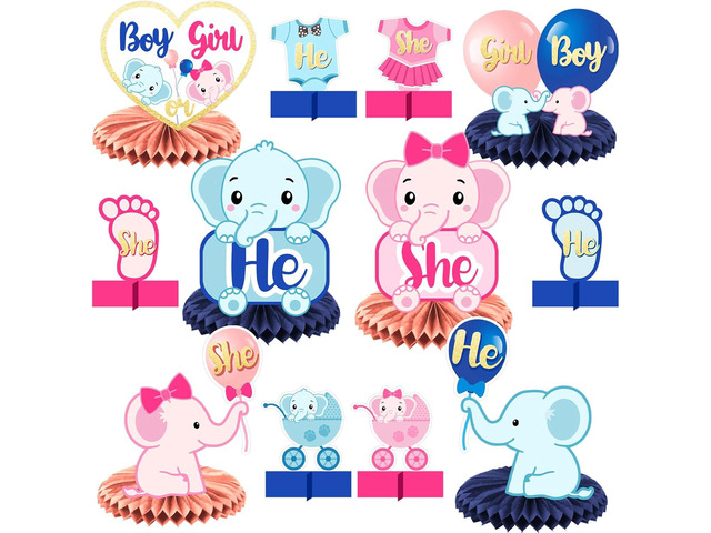 He or She Cute Elephant Honeycomb Centerpieces Animal Theme Decorations Decor for Gender Reveal Party Boy or Girl Party Pregnancy Announcement Baby...