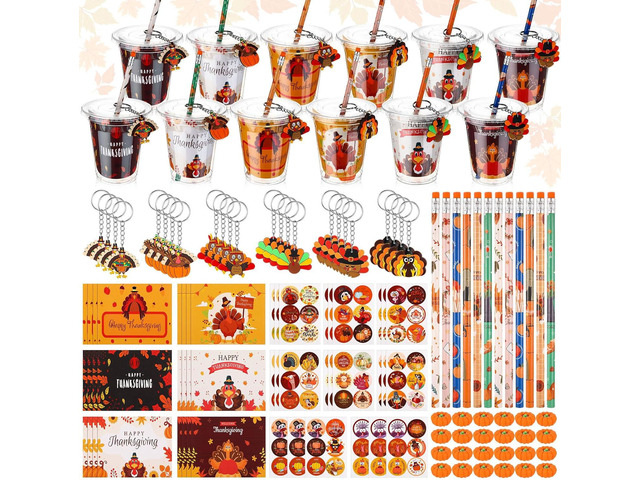 Baderke 144 Pcs Thanksgiving Party Favor Friendsgiving Fall Autumn Stationery Pumpkin Maple Turkey Keychain Erasers Pencil Sticker Goodie Bag...