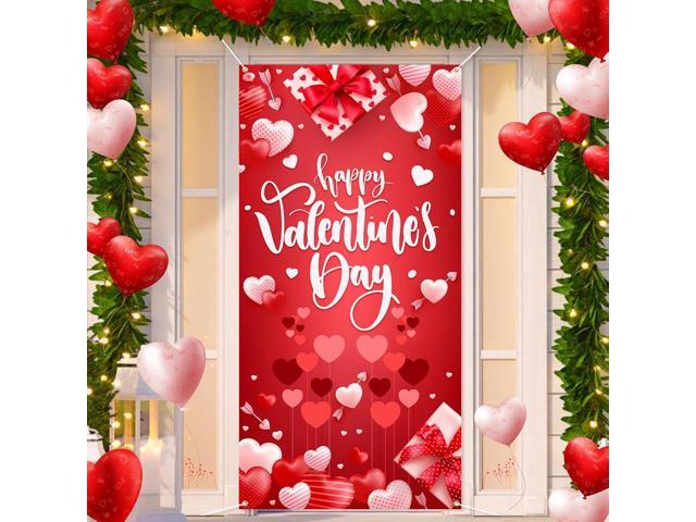 Large Valentines-Day Door Cover 6x2.9 Ft Happy Valentine's Day Banner Decorations Romantic Hearts Love Hanging Background for Indoor Outdoor.