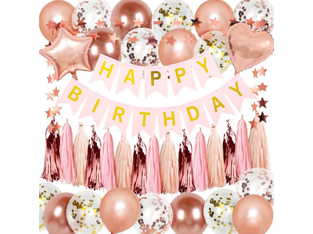 Rose Gols Birthday Decorations for Women, HAPPY BIRTHDAY Banner, Stars Garland, Paper Tassels, Heart Star Balloon, Rose Gold Balloons for Women...