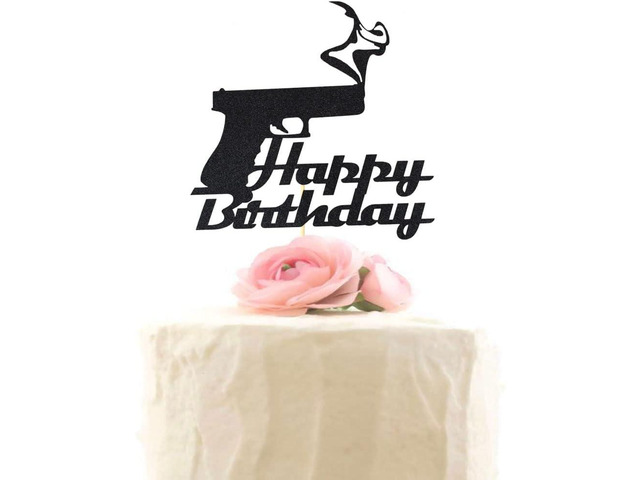 Handgun Happy Birthday Cake Topper, Black Glitter Gun Pistol Shooting Themed Birthday Party Decorations Supplies